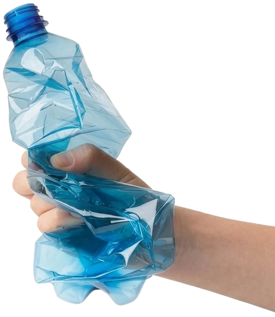 Hand holding a flattened plastic bottle